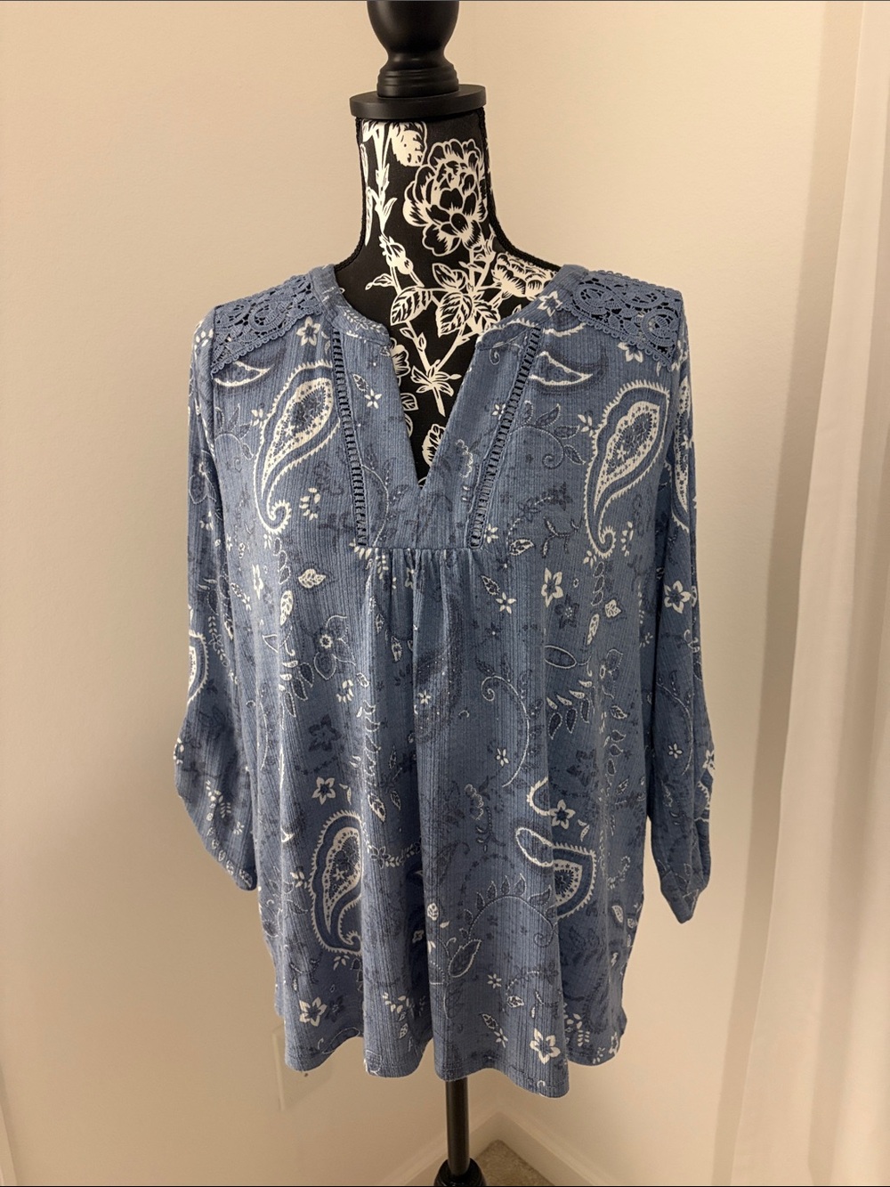 Blue Paisley Crochet-Shoulder Tunic Top